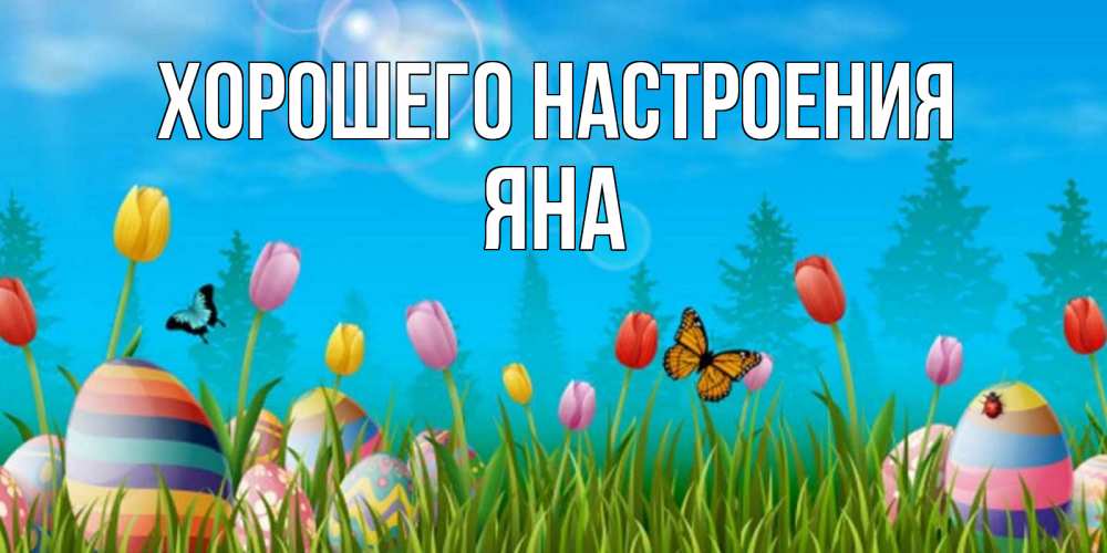 Открытка на каждый день с именем, Яна Хорошего настроения небо и тюльпаны с бабочкой Прикольная открытка с пожеланием онлайн скачать бесплатно 