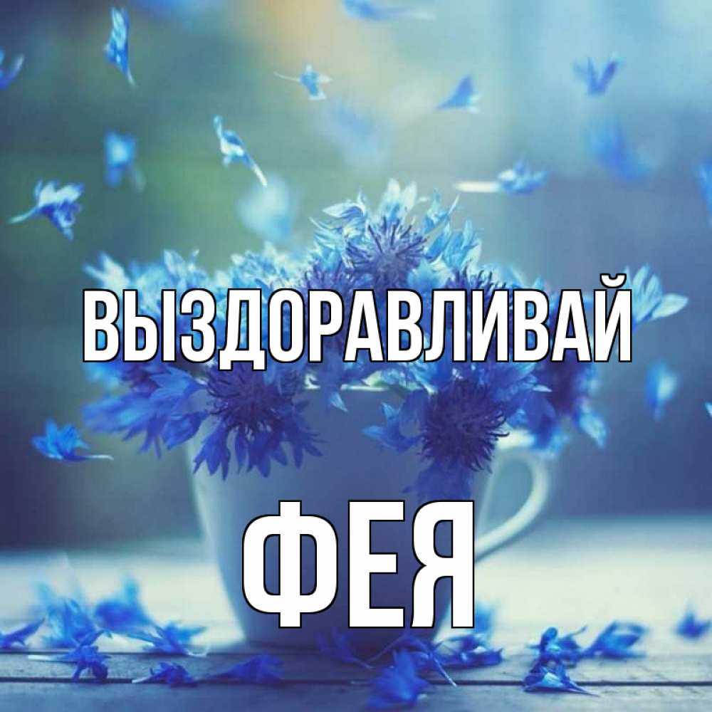Открытка на каждый день с именем, Фея Выздоравливай кружка с зельем и цветами Прикольная открытка с пожеланием онлайн скачать бесплатно 