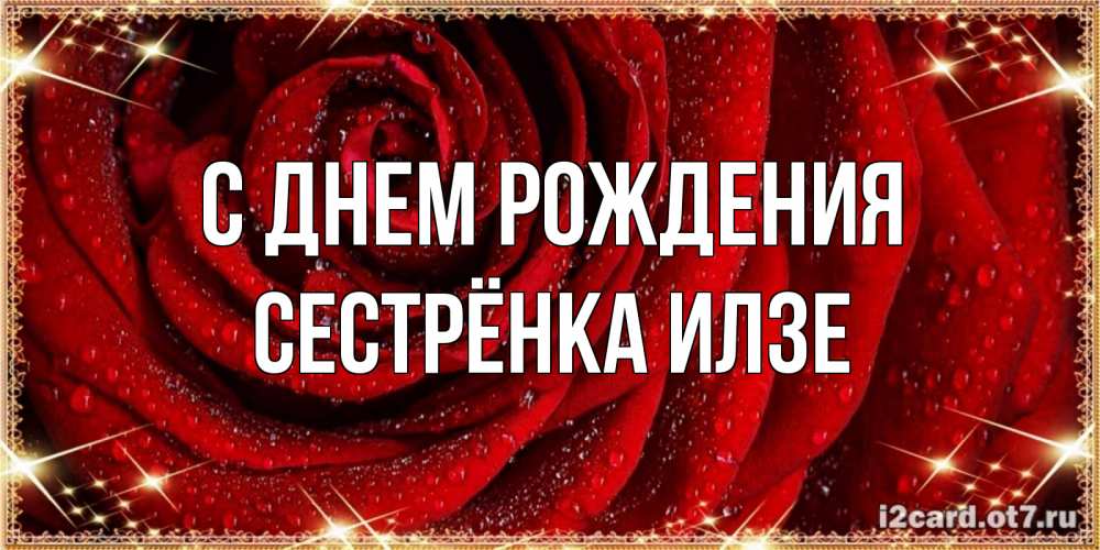 Открытка на каждый день с именем, Сестрёнка-Илзе С днем рождения роса на розе блестящая в лучах солнца Прикольная открытка с пожеланием онлайн скачать бесплатно 