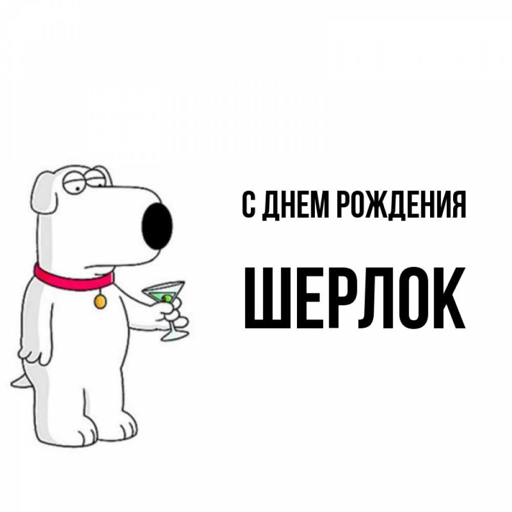Открытка на каждый день с именем, Шерлок С днем рождения песик с оливками Прикольная открытка с пожеланием онлайн скачать бесплатно 