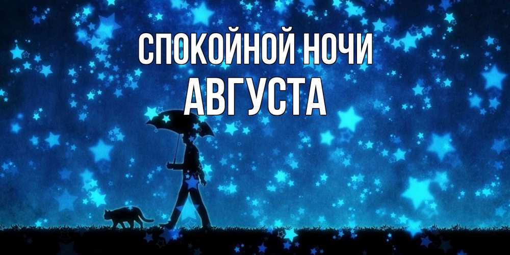 Открытка на каждый день с именем, Августа Спокойной ночи ночные прогулки с котом под звездами Прикольная открытка с пожеланием онлайн скачать бесплатно 