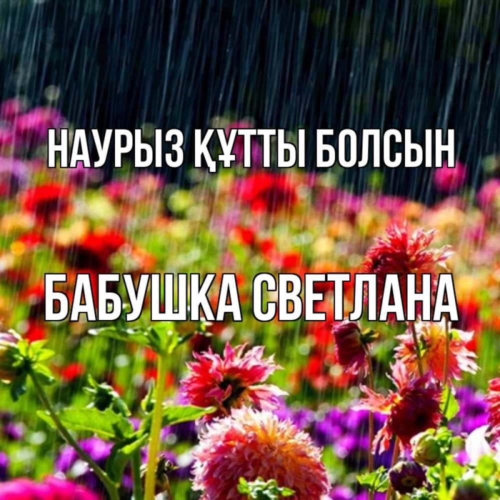 Открытка на каждый день с именем, Бабушка-Светлана Наурыз құтты болсын цветы под дождиком к наурызу Прикольная открытка с пожеланием онлайн скачать бесплатно 