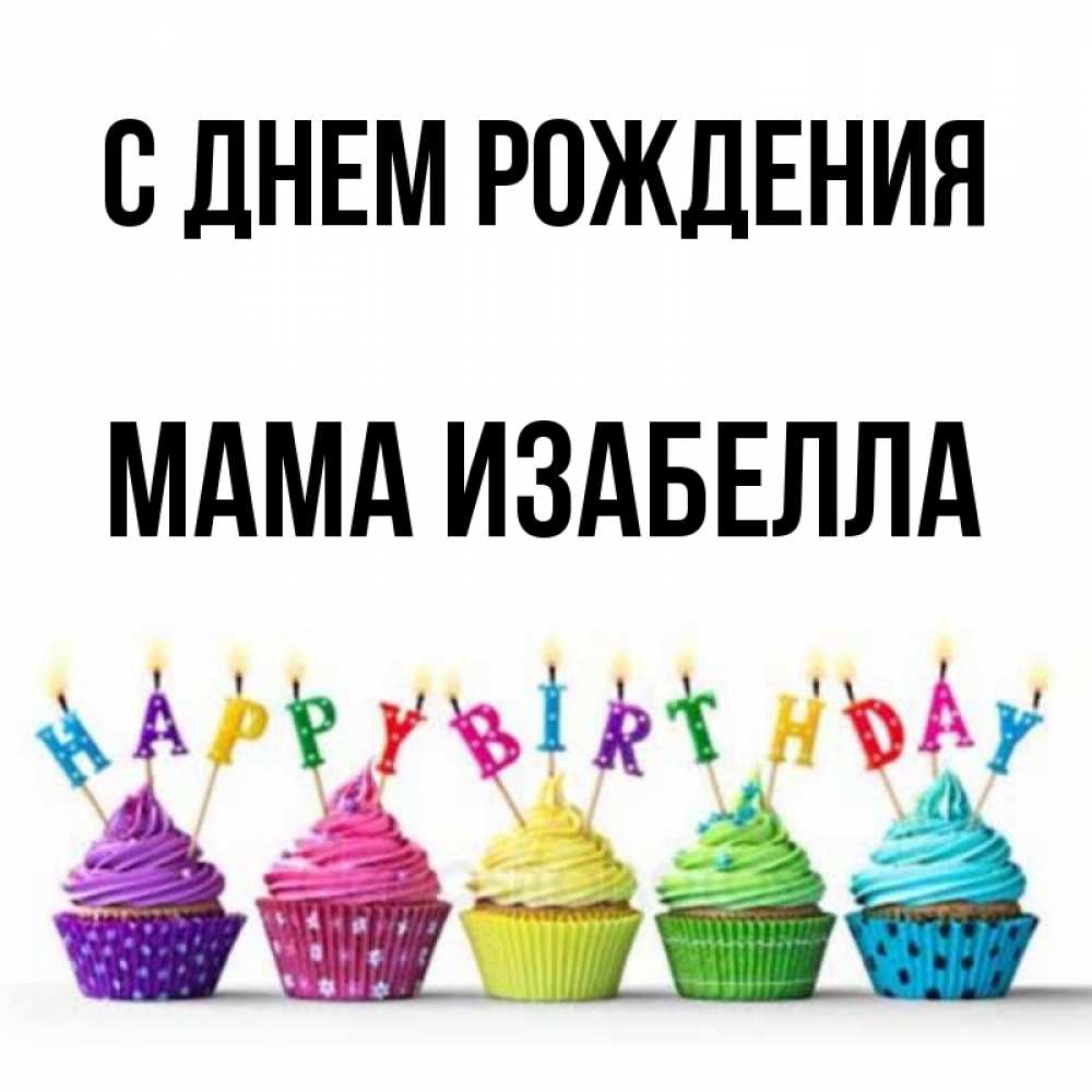 Открытка на каждый день с именем, Мама-Изабелла С днем рождения открытка ко дню рождения с разноцветными вкусняшками Прикольная открытка с пожеланием онлайн скачать бесплатно 