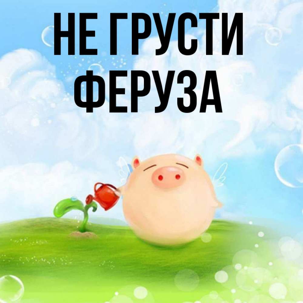 Открытка на каждый день с именем, Феруза Не грусти поливает цветок порося Прикольная открытка с пожеланием онлайн скачать бесплатно 