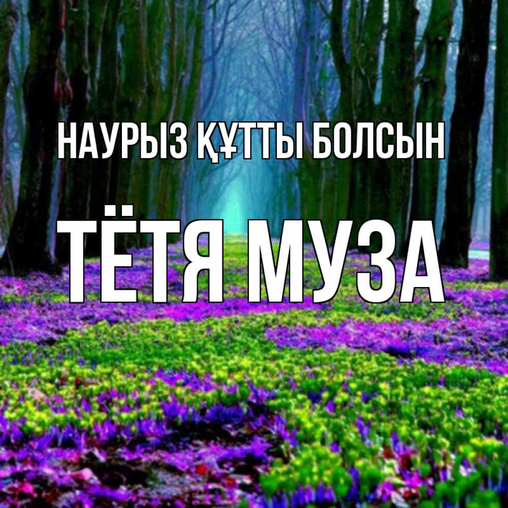Открытка на каждый день с именем, Тётя-Муза Наурыз құтты болсын фиолетовые цветы в лесу 1 Прикольная открытка с пожеланием онлайн скачать бесплатно 