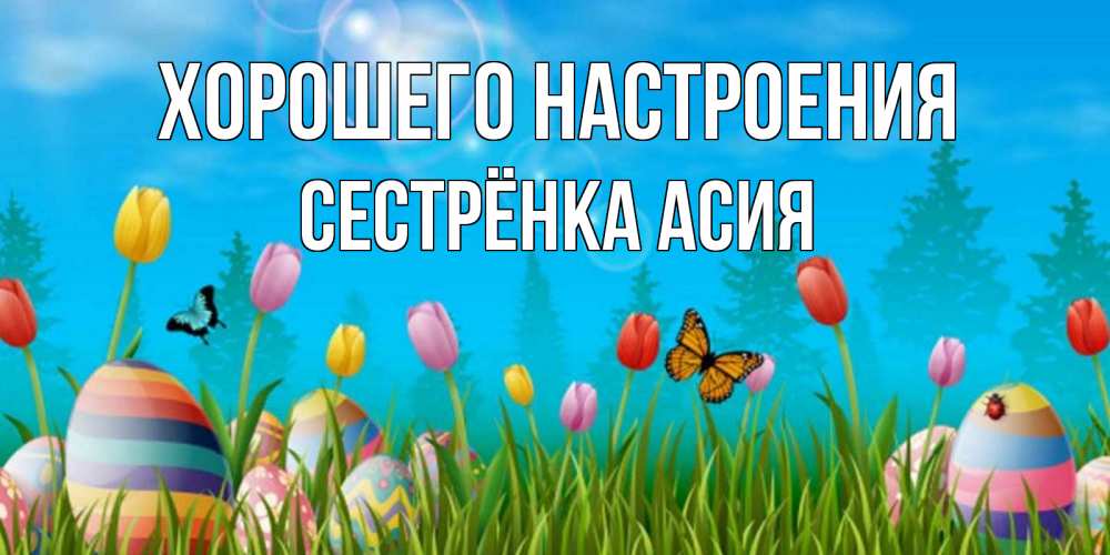 Открытка на каждый день с именем, Сестрёнка-Асия Хорошего настроения небо и тюльпаны с бабочкой Прикольная открытка с пожеланием онлайн скачать бесплатно 