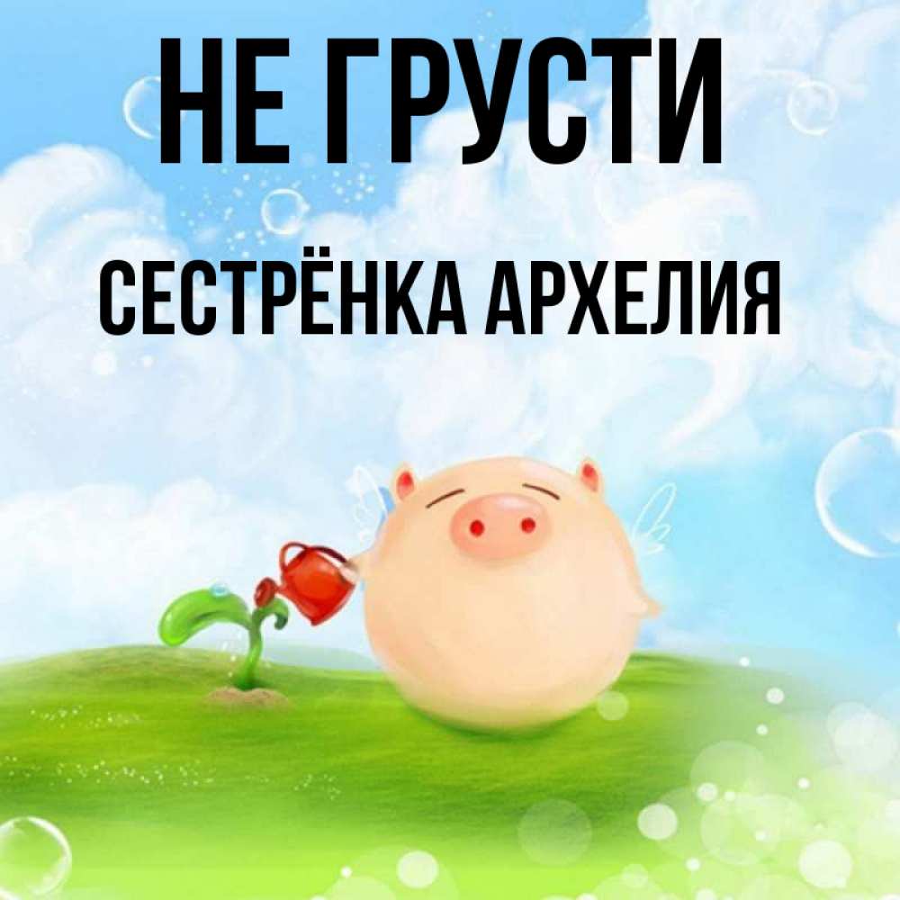Открытка на каждый день с именем, Сестрёнка-Архелия Не грусти поливает цветок порося Прикольная открытка с пожеланием онлайн скачать бесплатно 