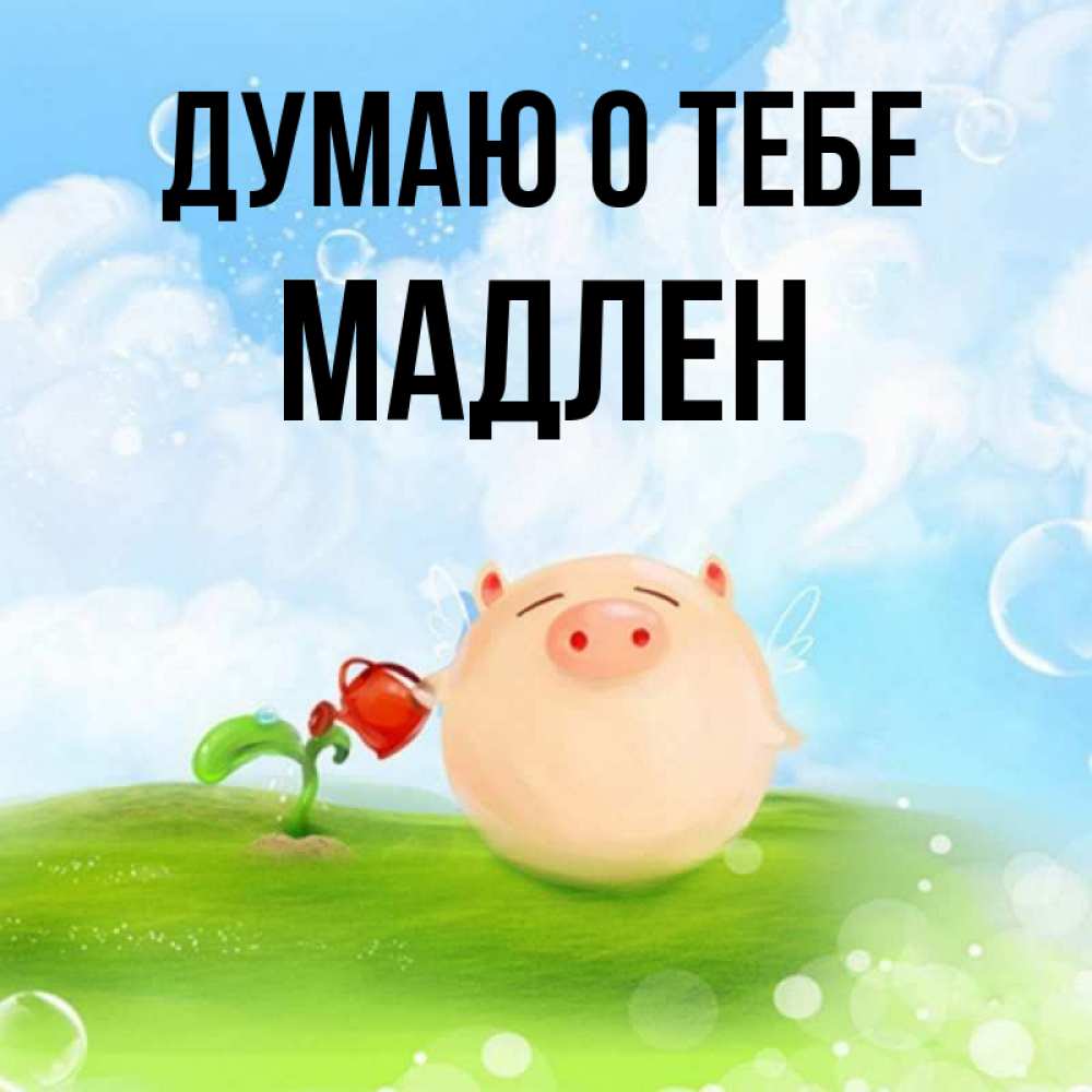 Открытка на каждый день с именем, Мадлен Думаю о тебе позитивная свинюшка Прикольная открытка с пожеланием онлайн скачать бесплатно 