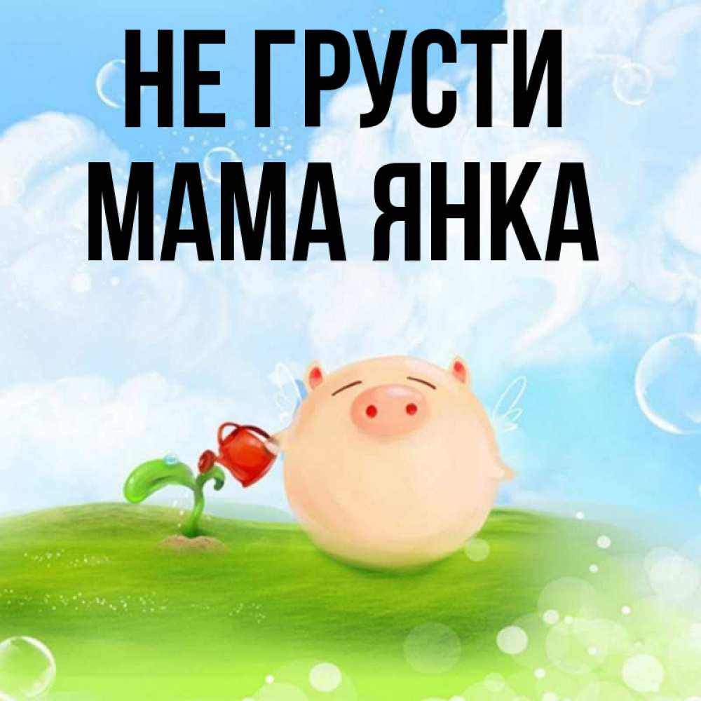 Открытка на каждый день с именем, Мама-Янка Не грусти поливает цветок порося Прикольная открытка с пожеланием онлайн скачать бесплатно 