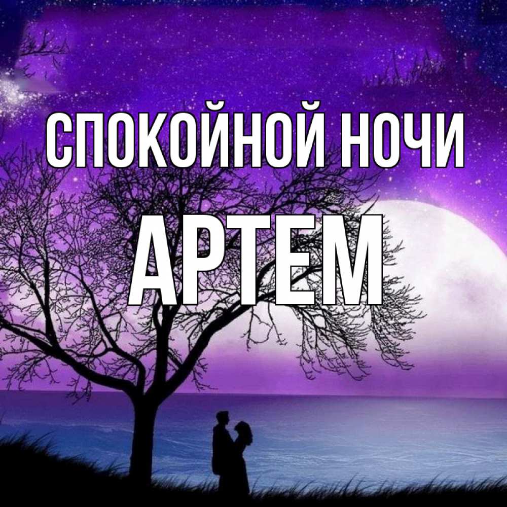 Открытка на каждый день с именем, Артем Спокойной ночи огромная луна и парочка Прикольная открытка с пожеланием онлайн скачать бесплатно 