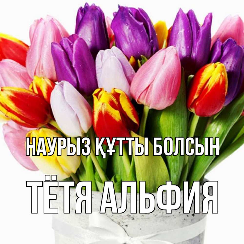 Открытка на каждый день с именем, Тётя-Альфия Наурыз құтты болсын букет Прикольная открытка с пожеланием онлайн скачать бесплатно 