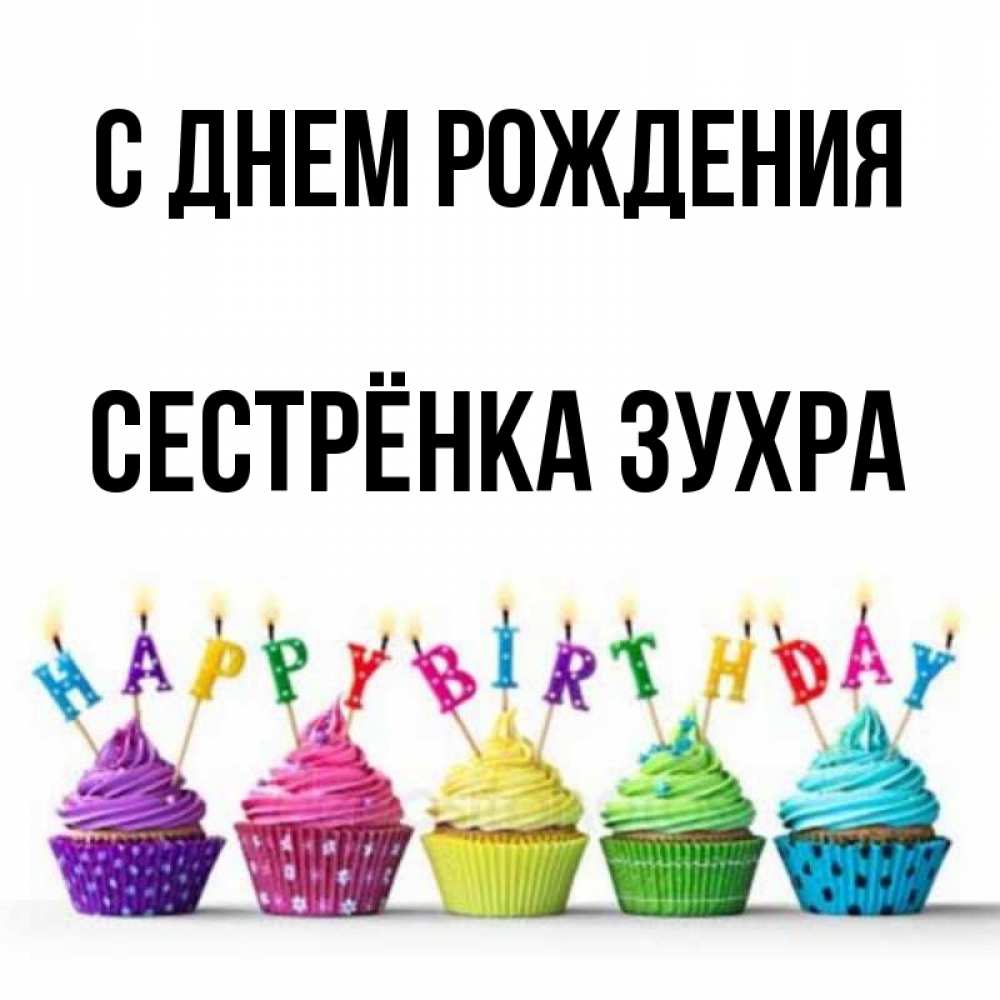 Открытка на каждый день с именем, Сестрёнка-Зухра С днем рождения открытка ко дню рождения с разноцветными вкусняшками Прикольная открытка с пожеланием онлайн скачать бесплатно 