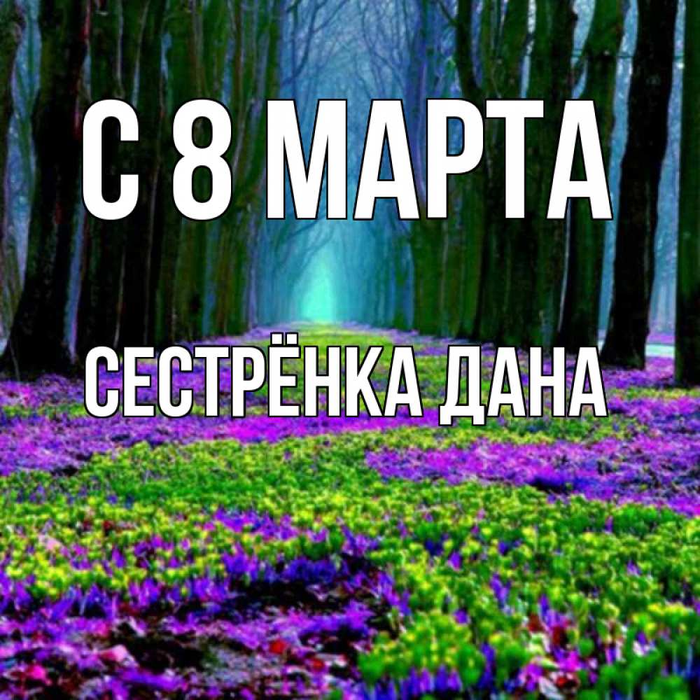 Открытка на каждый день с именем, Сестрёнка-Дана С 8 МАРТА фиолетовые цветы в лесу 1 Прикольная открытка с пожеланием онлайн скачать бесплатно 