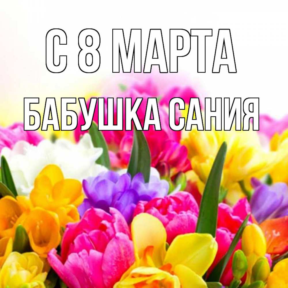 Открытка на каждый день с именем, Бабушка-Сания С 8 марта тюльпаны Прикольная открытка с пожеланием онлайн скачать бесплатно 