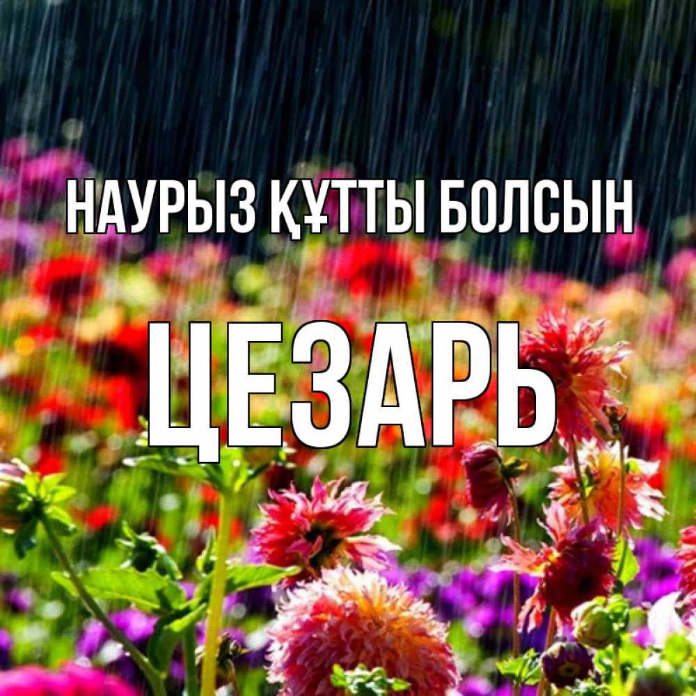 Открытка на каждый день с именем, Цезарь Наурыз құтты болсын цветы под дождиком к наурызу Прикольная открытка с пожеланием онлайн скачать бесплатно 