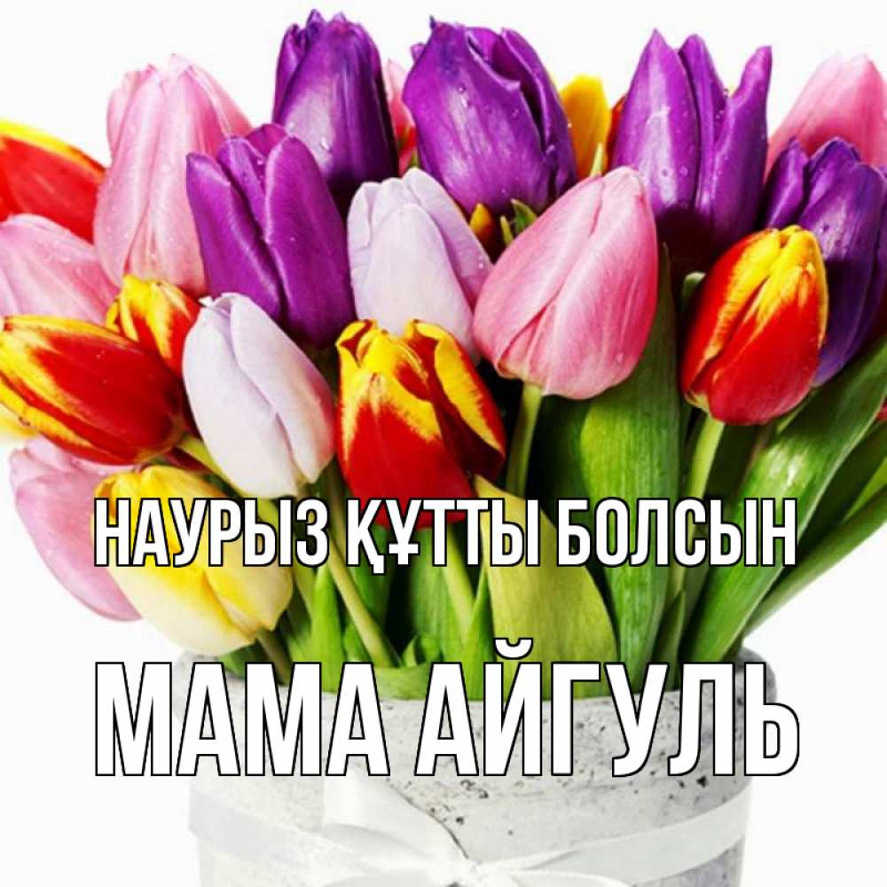Открытка на каждый день с именем, Мама-Айгуль Наурыз құтты болсын букет Прикольная открытка с пожеланием онлайн скачать бесплатно 