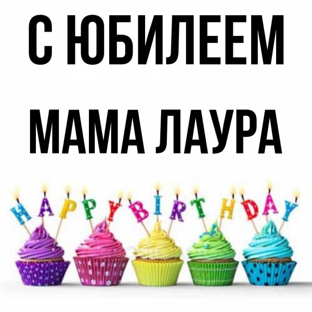 Открытка на каждый день с именем, Мама-Лаура С юбилеем открытка ко дню рождения с разноцветными вкусняшками Прикольная открытка с пожеланием онлайн скачать бесплатно 