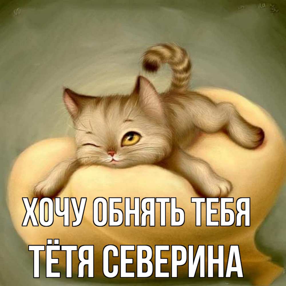 Открытка на каждый день с именем, Тётя-Северина Хочу обнять тебя кошечка Прикольная открытка с пожеланием онлайн скачать бесплатно 
