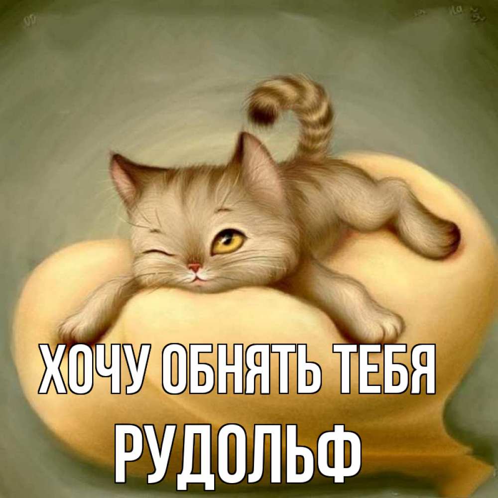 Открытка на каждый день с именем, Рудольф Хочу обнять тебя кошечка Прикольная открытка с пожеланием онлайн скачать бесплатно 