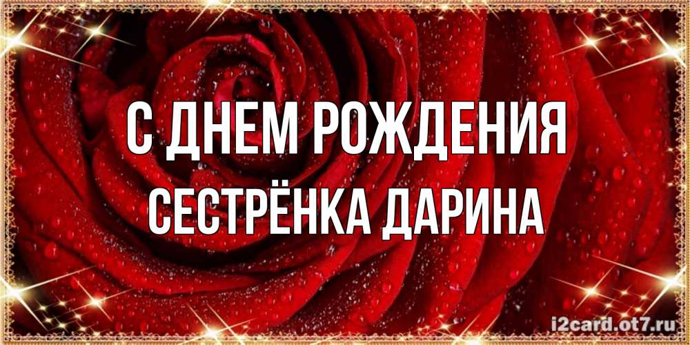 Открытка на каждый день с именем, Сестрёнка-Дарина С днем рождения роса на розе блестящая в лучах солнца Прикольная открытка с пожеланием онлайн скачать бесплатно 