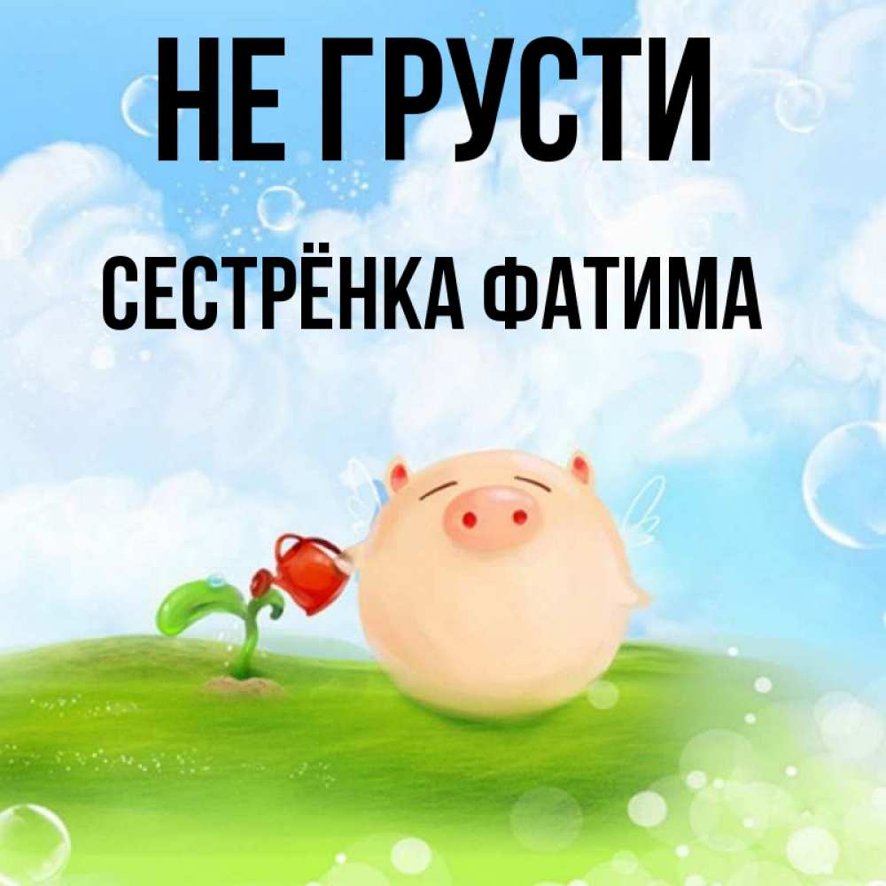 Открытка на каждый день с именем, Сестрёнка-Фатима Не грусти поливает цветок порося Прикольная открытка с пожеланием онлайн скачать бесплатно 