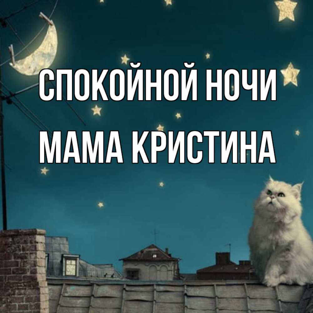 Открытка на каждый день с именем, Мама-Кристина Спокойной ночи белый кот сидит на крыше Прикольная открытка с пожеланием онлайн скачать бесплатно 