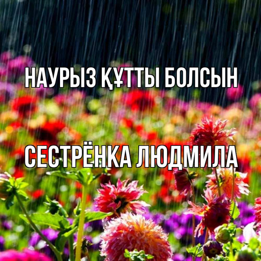 Открытка на каждый день с именем, Сестрёнка-Людмила Наурыз құтты болсын цветы под дождиком к наурызу Прикольная открытка с пожеланием онлайн скачать бесплатно 