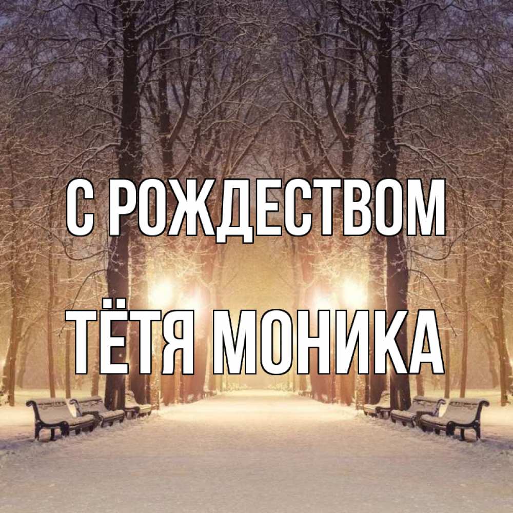 Открытка на каждый день с именем, Тётя-Моника С рождеством зима, парк, фонарь, лес Прикольная открытка с пожеланием онлайн скачать бесплатно 