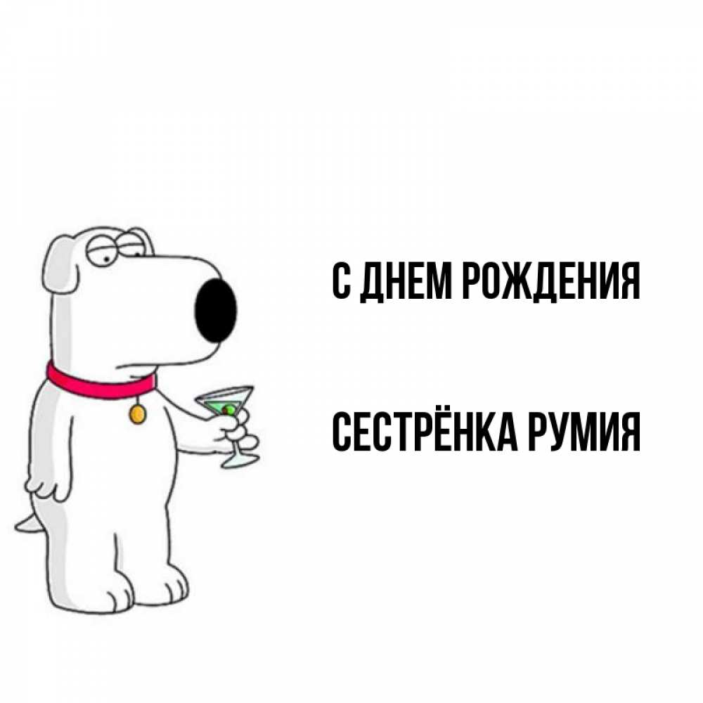 Открытка на каждый день с именем, Сестрёнка-Румия С днем рождения песик с оливками Прикольная открытка с пожеланием онлайн скачать бесплатно 