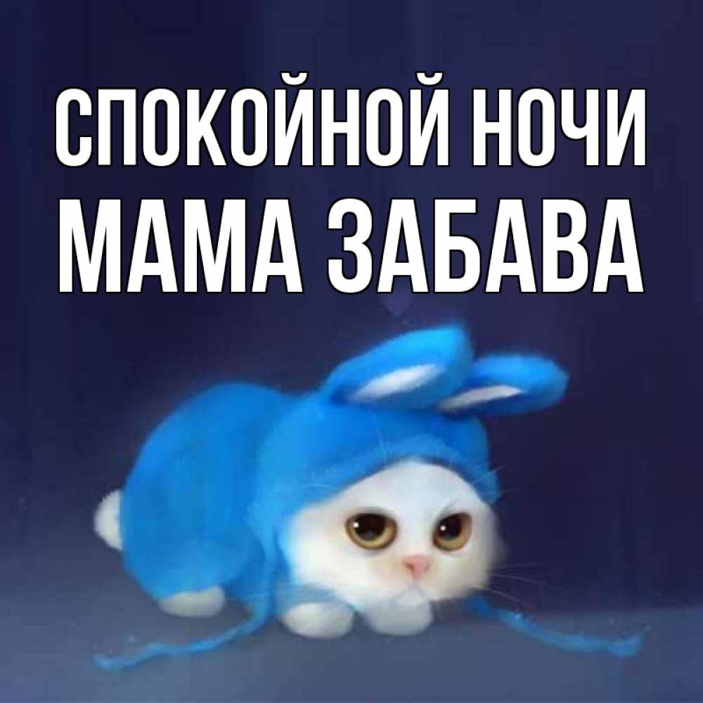 Открытка на каждый день с именем, Мама-Забава Спокойной ночи кот в голубом костюме кролика с ушками Прикольная открытка с пожеланием онлайн скачать бесплатно 