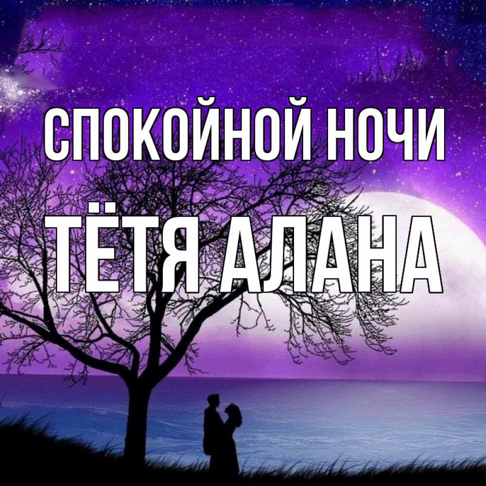 Открытка на каждый день с именем, Тётя-Алана Спокойной ночи огромная луна и парочка Прикольная открытка с пожеланием онлайн скачать бесплатно 