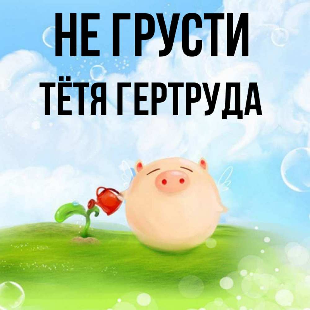 Открытка на каждый день с именем, Тётя-Гертруда Не грусти поливает цветок порося Прикольная открытка с пожеланием онлайн скачать бесплатно 