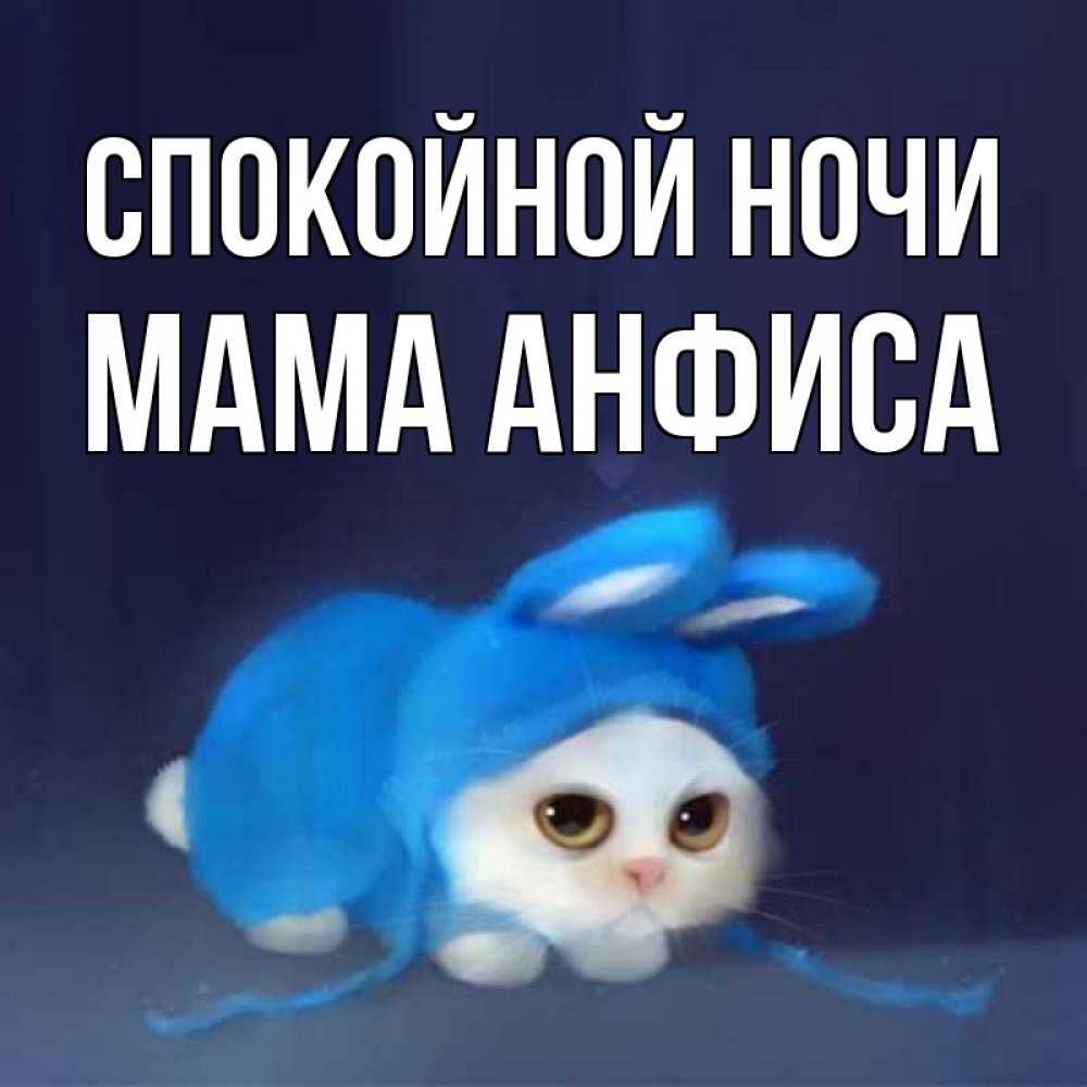 Открытка на каждый день с именем, Мама-Анфиса Спокойной ночи кот в голубом костюме кролика с ушками Прикольная открытка с пожеланием онлайн скачать бесплатно 