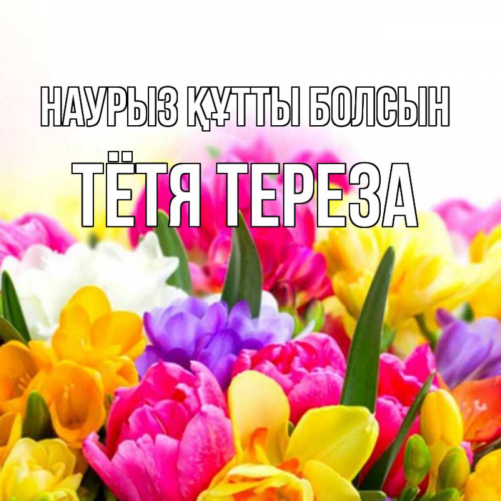 Открытка на каждый день с именем, Тётя-Тереза Наурыз құтты болсын тюльпаны Прикольная открытка с пожеланием онлайн скачать бесплатно 