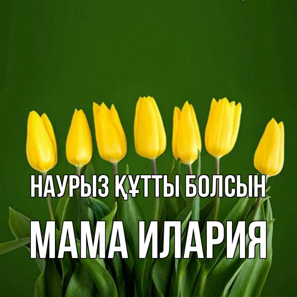 Открытка на каждый день с именем, Мама-Илария Наурыз құтты болсын желтого цвета 3 Прикольная открытка с пожеланием онлайн скачать бесплатно 