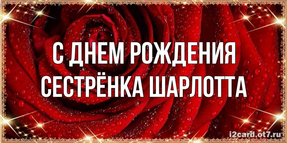 Открытка на каждый день с именем, Сестрёнка-Шарлотта С днем рождения роса на розе блестящая в лучах солнца Прикольная открытка с пожеланием онлайн скачать бесплатно 