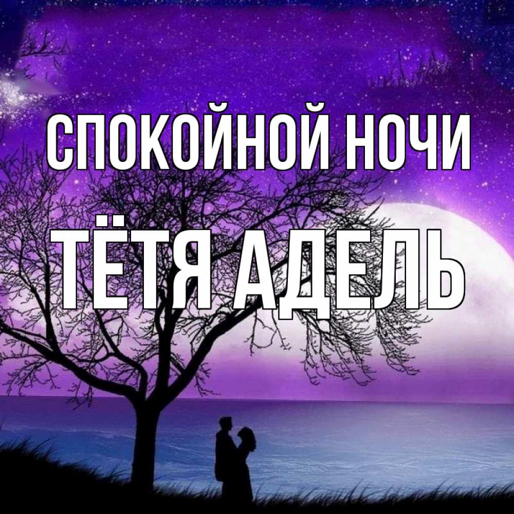 Открытка на каждый день с именем, Тётя-Адель Спокойной ночи огромная луна и парочка Прикольная открытка с пожеланием онлайн скачать бесплатно 