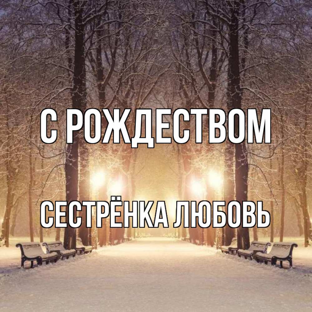 Открытка на каждый день с именем, Сестрёнка-Любовь С рождеством зима, парк, фонарь, лес Прикольная открытка с пожеланием онлайн скачать бесплатно 