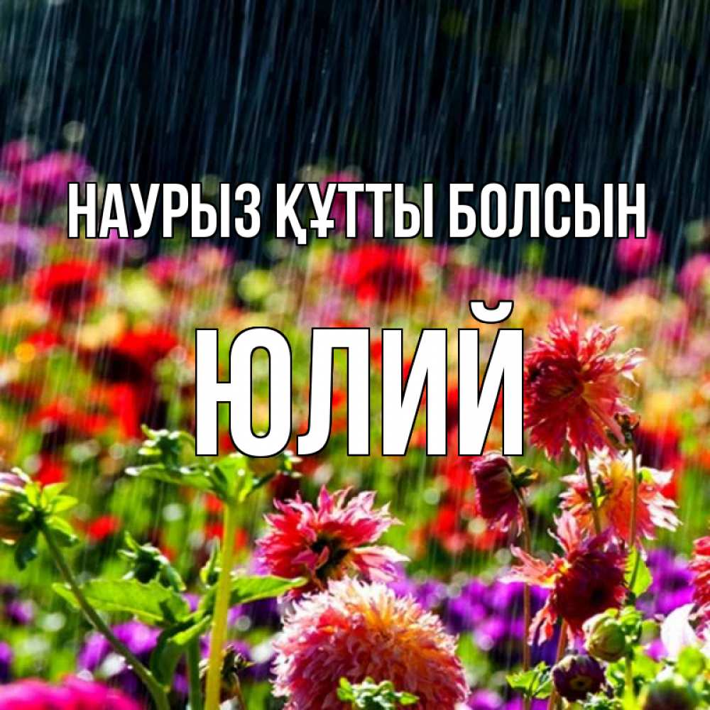 Открытка на каждый день с именем, Юлий Наурыз құтты болсын цветы под дождиком к наурызу Прикольная открытка с пожеланием онлайн скачать бесплатно 