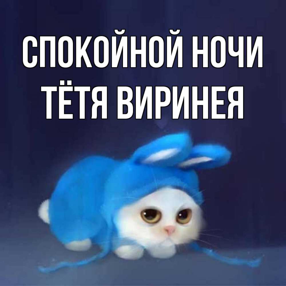 Открытка на каждый день с именем, Тётя-Виринея Спокойной ночи кот в голубом костюме кролика с ушками Прикольная открытка с пожеланием онлайн скачать бесплатно 
