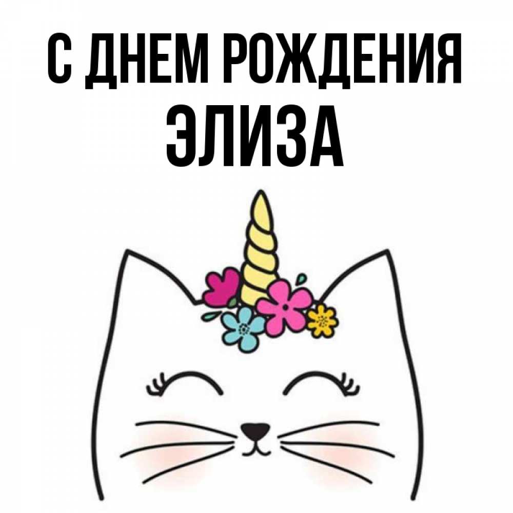 Открытка на каждый день с именем, Элиза С днем рождения милый кот с одним рожком Прикольная открытка с пожеланием онлайн скачать бесплатно 