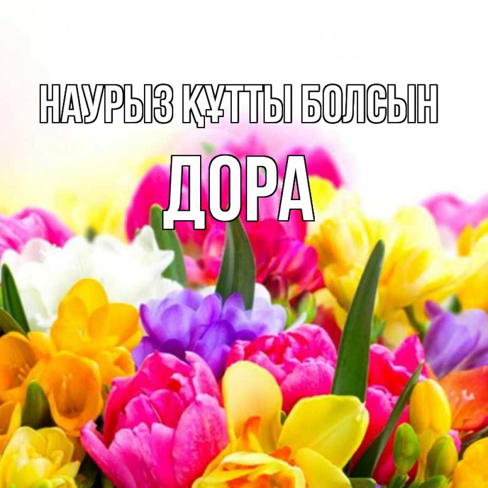 Открытка на каждый день с именем, Дора Наурыз құтты болсын тюльпаны Прикольная открытка с пожеланием онлайн скачать бесплатно 