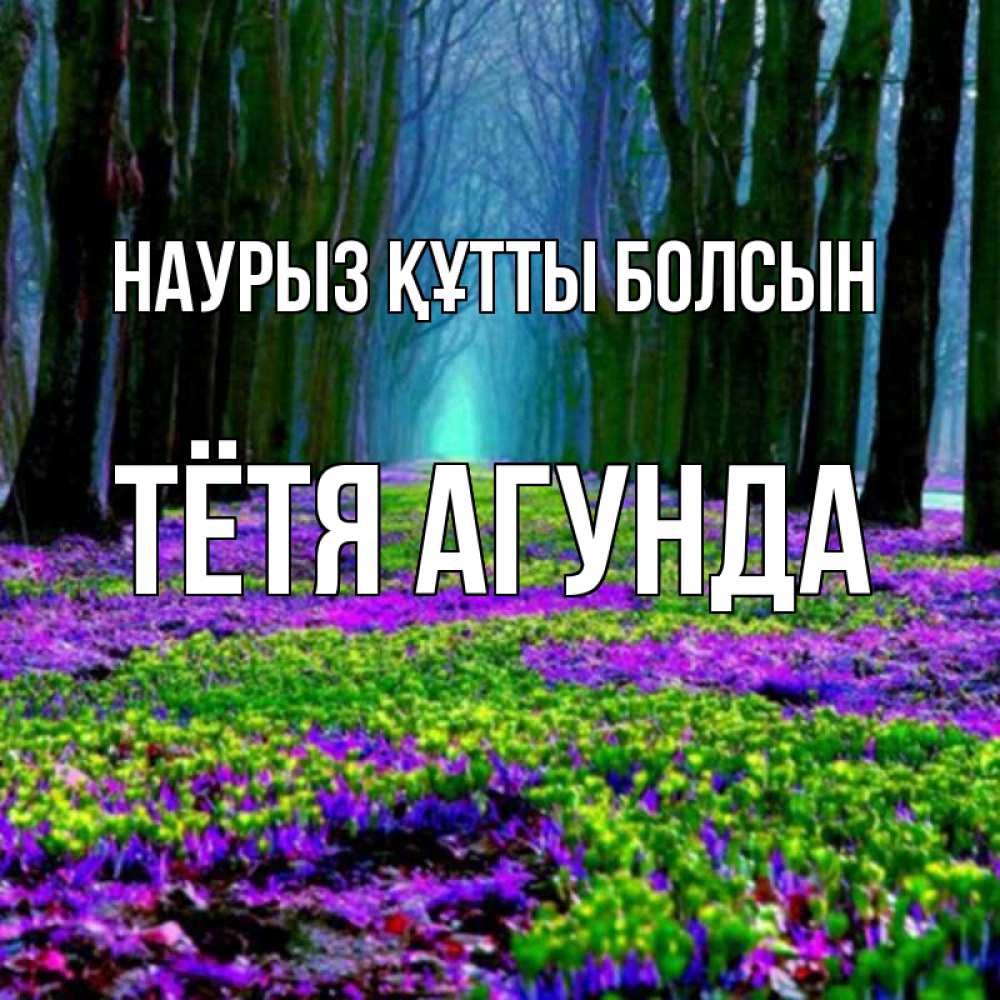 Открытка на каждый день с именем, Тётя-Агунда Наурыз құтты болсын фиолетовые цветы в лесу 1 Прикольная открытка с пожеланием онлайн скачать бесплатно 