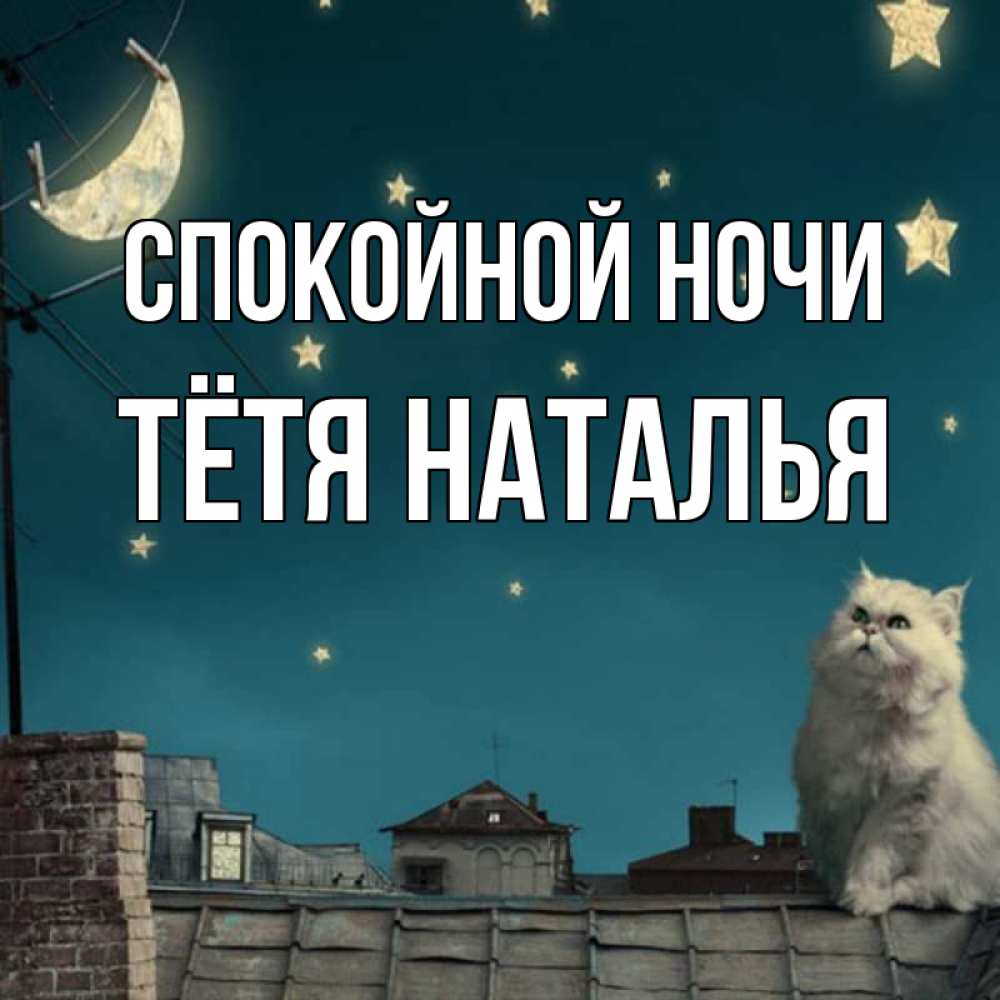 Открытка на каждый день с именем, Тётя-Наталья Спокойной ночи белый кот сидит на крыше Прикольная открытка с пожеланием онлайн скачать бесплатно 