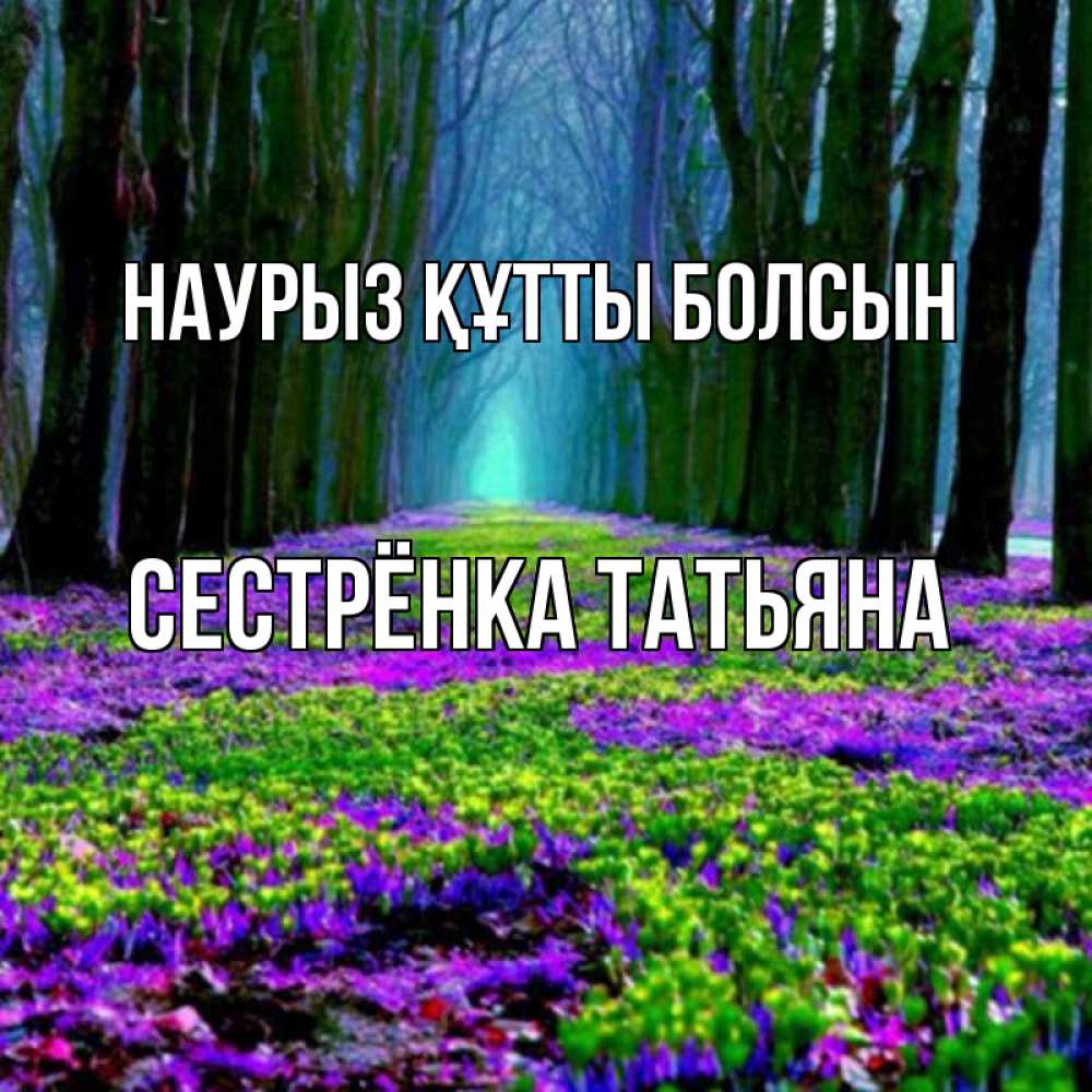 Открытка на каждый день с именем, Сестрёнка-Татьяна Наурыз құтты болсын фиолетовые цветы в лесу 1 Прикольная открытка с пожеланием онлайн скачать бесплатно 