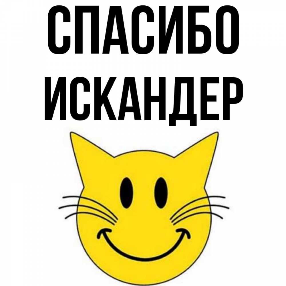 Открытка на каждый день с именем, Искандер Спасибо улыбающийся смайл кот Прикольная открытка с пожеланием онлайн скачать бесплатно 