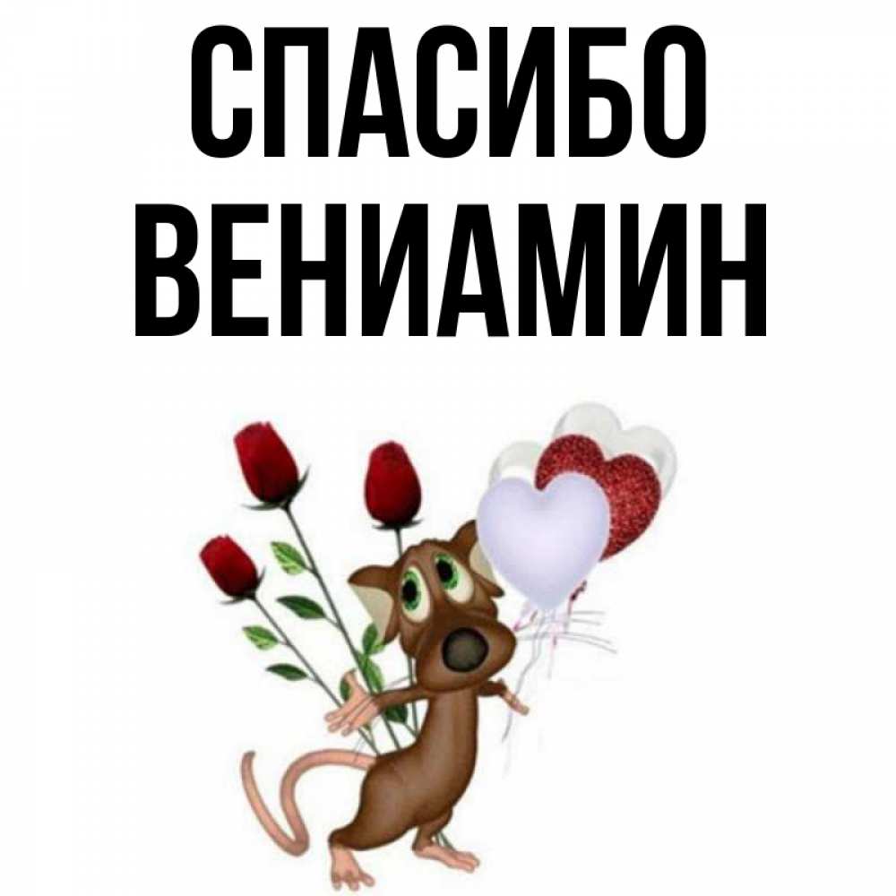 Открытка на каждый день с именем, Вениамин Спасибо песик с шариками в форме сердец Прикольная открытка с пожеланием онлайн скачать бесплатно 