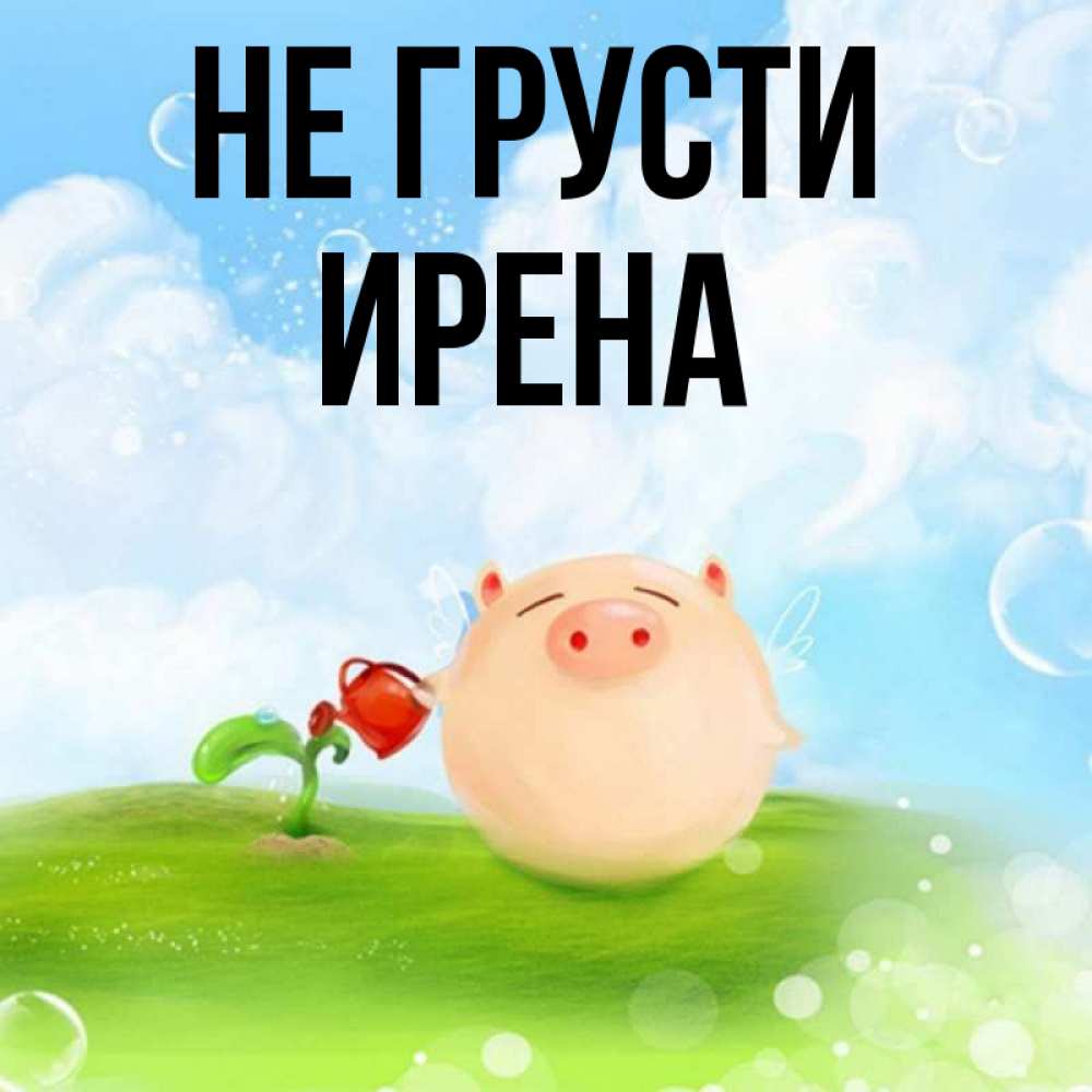 Открытка на каждый день с именем, Ирена Не грусти поливает цветок порося Прикольная открытка с пожеланием онлайн скачать бесплатно 