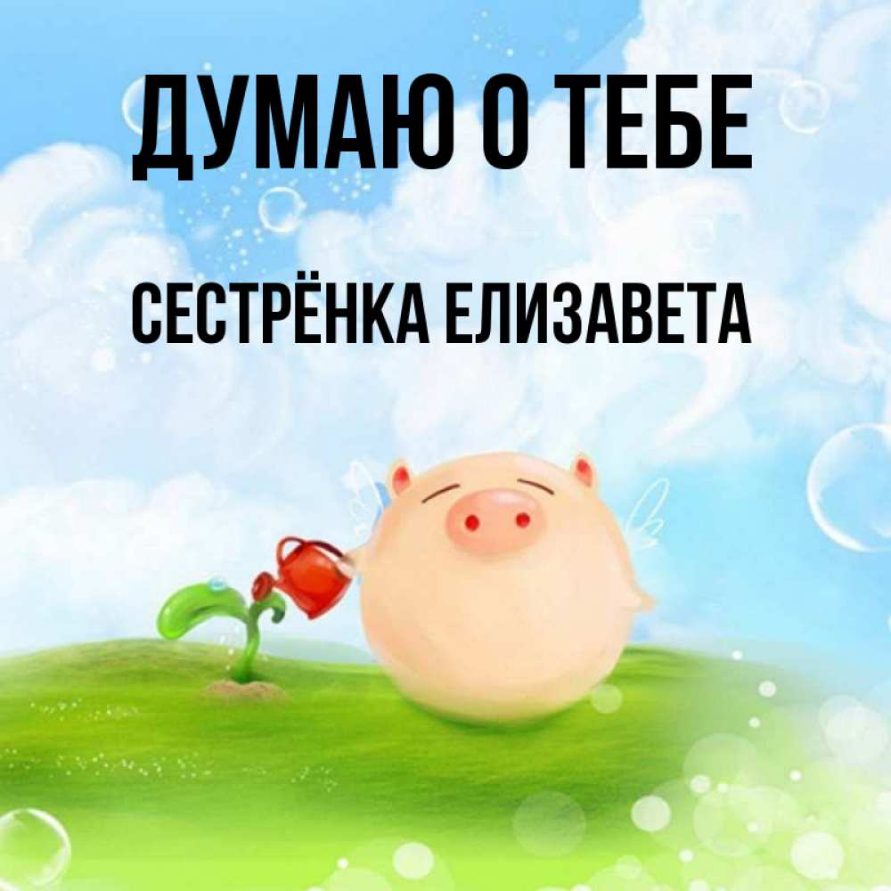Открытка на каждый день с именем, Сестрёнка-Елизавета Думаю о тебе позитивная свинюшка Прикольная открытка с пожеланием онлайн скачать бесплатно 
