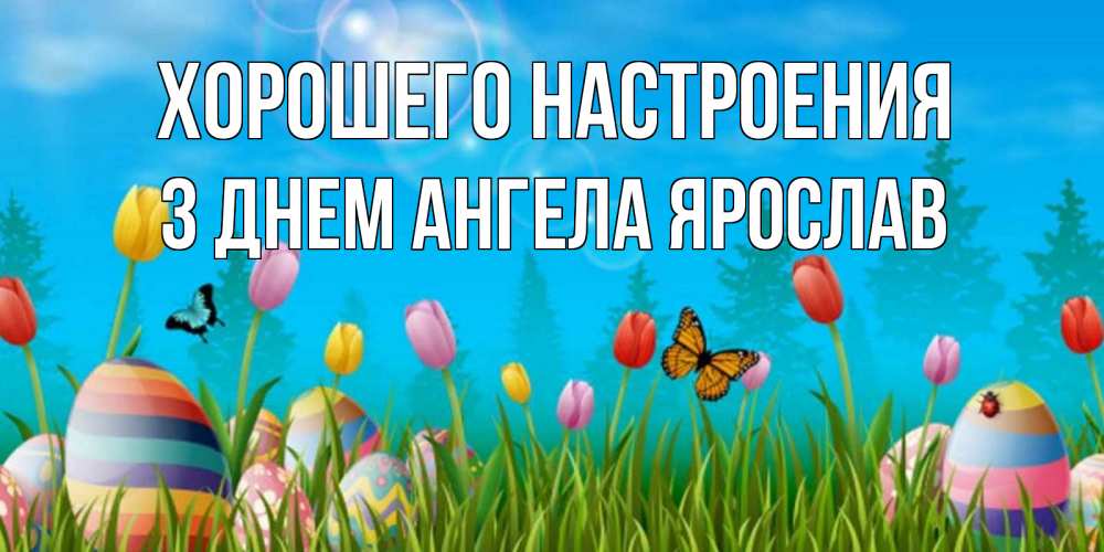 Открытка на каждый день с именем, З-Днем-Ангела-Ярослав Хорошего настроения небо и тюльпаны с бабочкой Прикольная открытка с пожеланием онлайн скачать бесплатно 